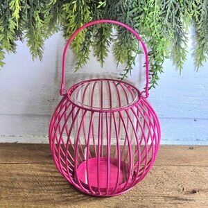 Pink Metal & Glass Lantern Pillar Candle Holder Hanging Garden Decor
